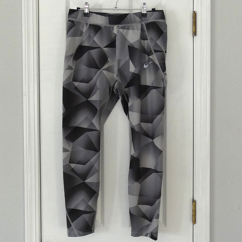 Nike Dri-Fit Running Leggings Drawstring Gray Shades Geometric Design